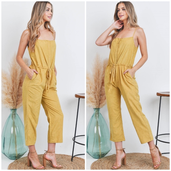 BLUE BLUSH Chic Mustard Woven Sueded Spaghetti Straps Jumpsuit - Picture 5 of 6